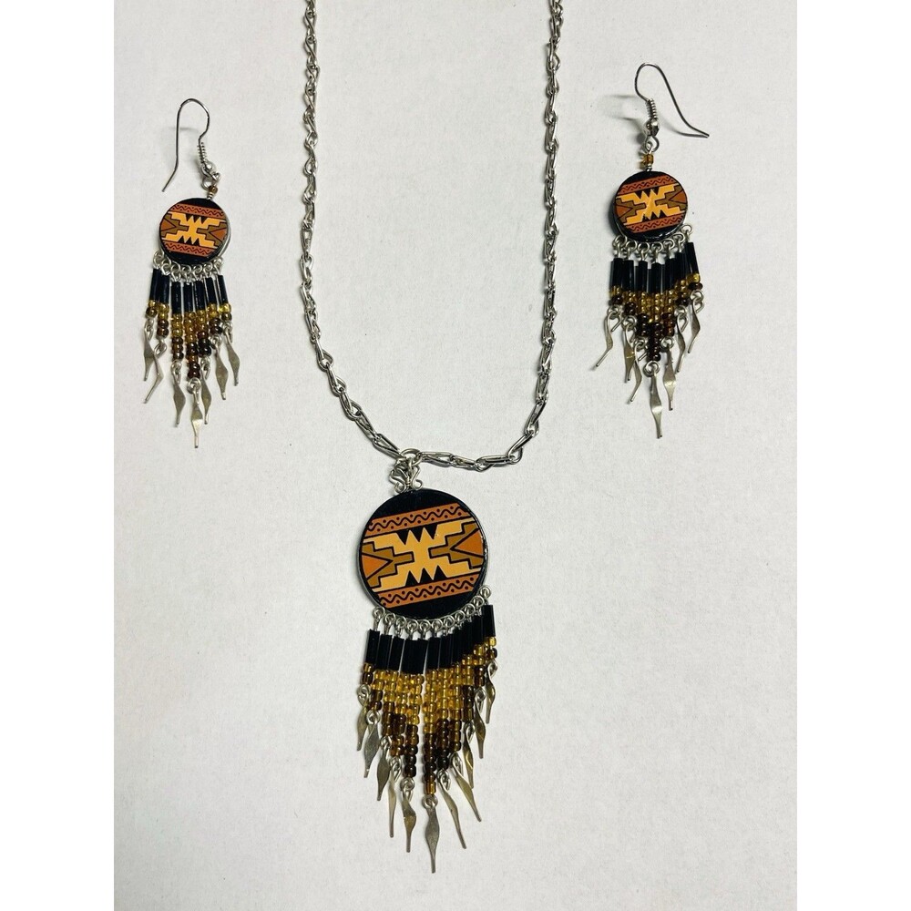 Boho Tribal Statement Necklace Earrings Set Beaded Southwest Fringe Orange Black